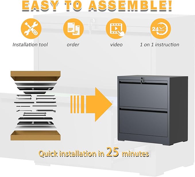 2 Drawer Lateral File Cabinet with Lock, File Cabinet, Metal Lateral Filing Cabinets for Home Office, File Storage Cabinet for Legal/Letter/A4 Documents, Assembly Required (Black, 26'W)