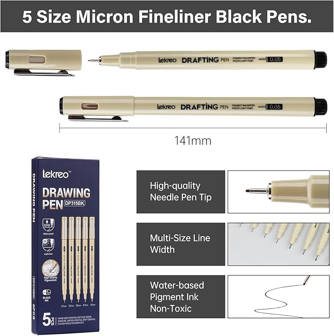 5-Piece Fineliner Pen, Assorted Point Sizes 0.1 to 1mm Ultra Fine Tips Pens, for Art, Writing & Bullet Journaling - Assorted 5 Point Sizes (5 Point Sizes)