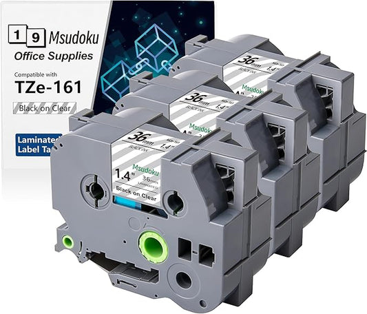 36mm Laminated Clear Label Tape, Black on Clear, 1 1/2" x 26.2 Feet, 3-Pack, Compatible with Brother P Touch Label Maker TZe-161 TZe161