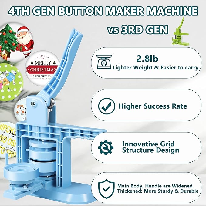 Button Maker Machine Multiple Sizes 1+1.25+2.25inch(4th Gen), DIY Button Pin Maker Machine Kit, Badge Press Machine with 300PCS 25+32+58mm Button Making Supplies& Cutting Mat&Circle Cutter