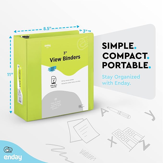 3 Inch Binder 3 Ring Binders Green, Slant D-Ring 3” Clear View Cover with 2 Inside Pockets, Heavy Duty Colored School Supplies Office and Home Binders – by Enday