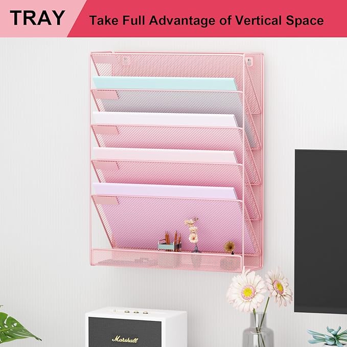 Wall File Organizer Holder Mesh Hanging Paper Document Holder, Vertical 6 Pocket Tier for Office Home, Light Pink
