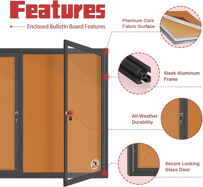 Enclosed Bulletin Board Lockable,Double-Door Weatherproof Outdoor Noticeboard with Locking Door, Wall-Mounted Aluminum Framed Presentation Board, 44x32 Inch (8xA4)