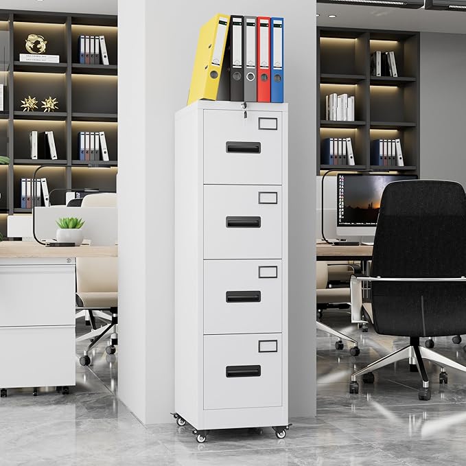 Aobabo 56" H 4 Drawer Moblie Office File Cabinet with Lock, Rolling Metal Filing Storage Cabinet, Legal/Letter A4 Size, White, Assembly Required