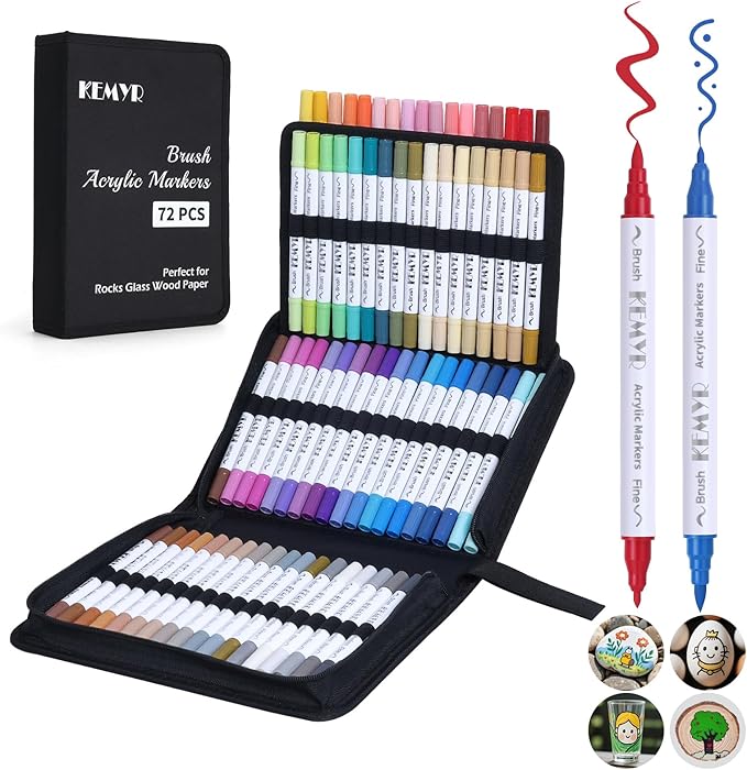 72 Colors Brush & Fine Tip Acrylic Paint Pens, Dual Tip Acrylic Paint Markers for Paper, Wood, Canvas, Stone, Rock, Glass, Fabric, DIY, Ceramic, Art Supplies for Kids and Adults Drawing