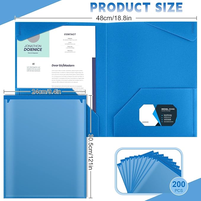 Henoyso 200 Pcs Plastic Folders with Clear Front Pockets Bulk Heavy Duty File Folders with 2 Pockets and Card Slot for Student Teacher Back to School Supplies Office Presentation (Blue)