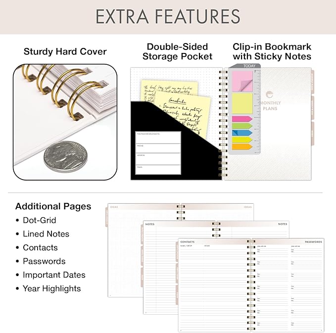 ESSENTIAL PRO Undated Daily, Weekly & Monthly Planner,Monthly Tabs,Daily Tracking,Notes Pages,Storage Pocket,Bookmark w Sticky Notes (Black)