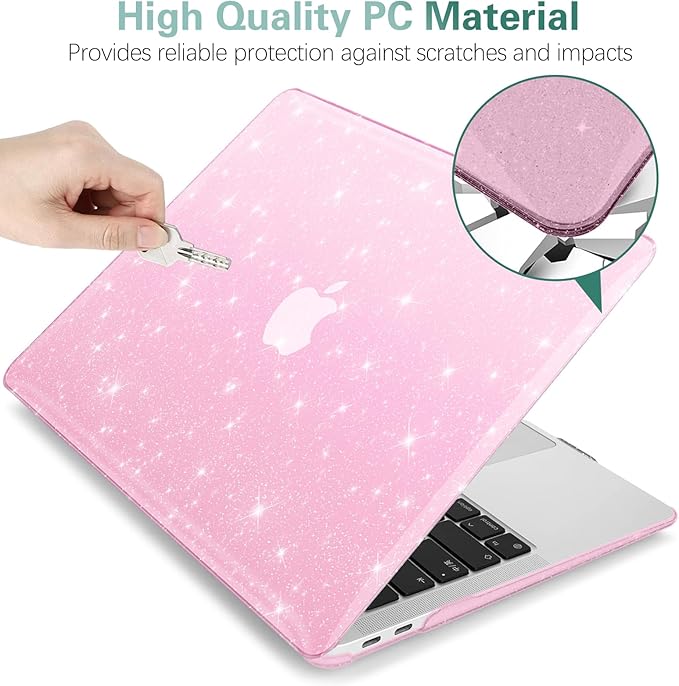 KEROM Pink Glitter Case for MacBook Air 13 inch 2022-2018 M1 A2337 A2179 A1932, MacBook Air M1 Case - Girly Shiny Bling Sparkle Glitter Plastic Hard Shell Case & Keyboard Cover for MacBook Air 13.3''