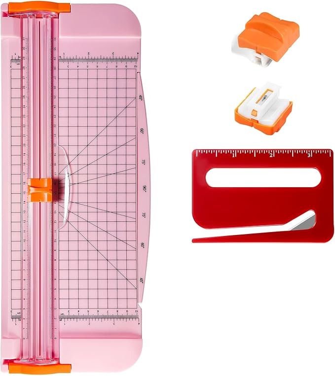 12-Inch A4 Paper Cutter 3-Piece Set with Automatic Safety Guard, Precision Side Ruler, Non-Slip Base – Ideal for Craft Paper Gift Cards Coupons Labels Photos – Durable Pink Trimmer for Home & Office