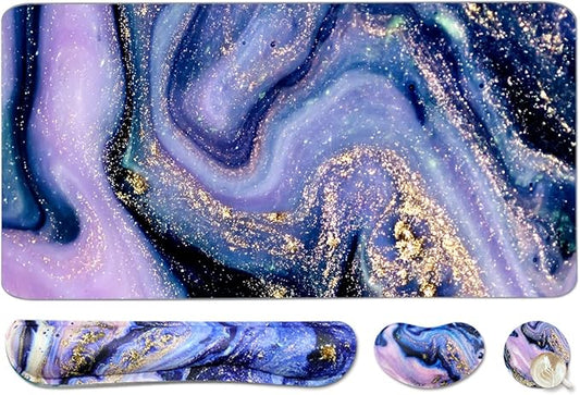 Keyboard Mouse Pad Set, Extended Mouse Pad+Keyboard Wrist Rest Support, Memory Foam Ergonomic Easy Typing, 3Pcs (35.4×15.7 in) Desk Pad Set for Home Office Study Game-Purple Marble
