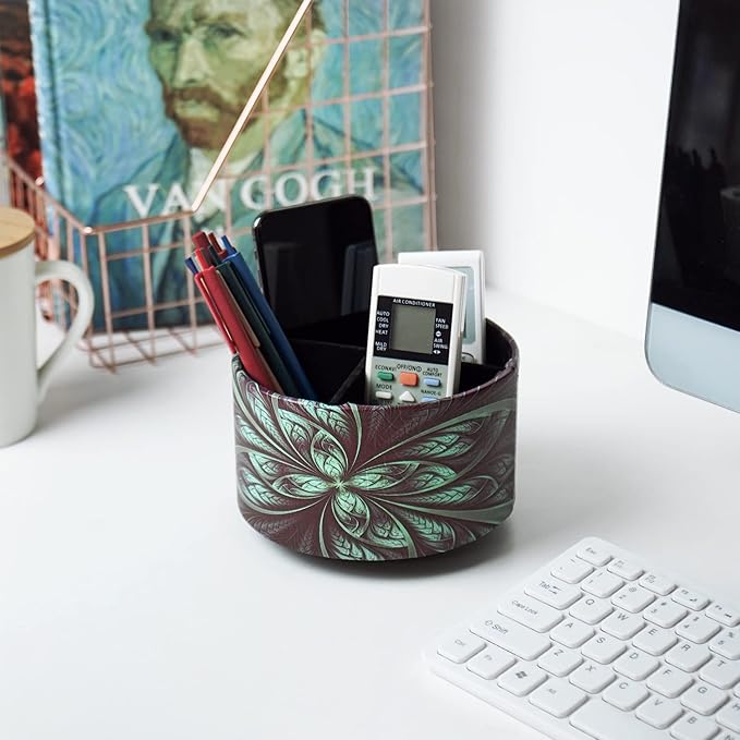 lizimandu Round Leather Art Supply Organizer,Remote Control Holder,360 Degree Rotating,Multi-Functional Pencil Holder,4 Compartments Desktop Stationary Organizer(1-Green Flower)