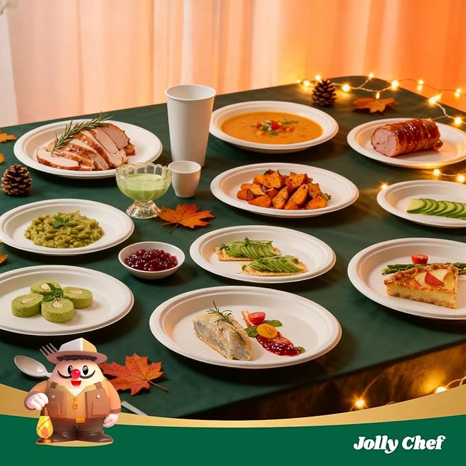 JOLLY CHEF Compostable Heavy Duty Plates 𝟭𝟬 𝗜𝗻𝗰𝗵 [𝟭𝟮𝟱 𝗣𝗮𝗰𝗸] Eco-Friendly Disposable White Paper Plates Made of Bagasse Biodegradable for Party Dinner Sugarcane Fibers Thanksgiving Day
