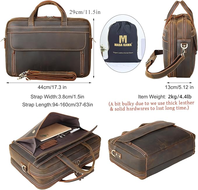 Masa Kawa Leather Briefcase for Men 15.6" - 17" Laptop Computer Case Business Travel Work Messenger Cross Body Shoulder Bag
