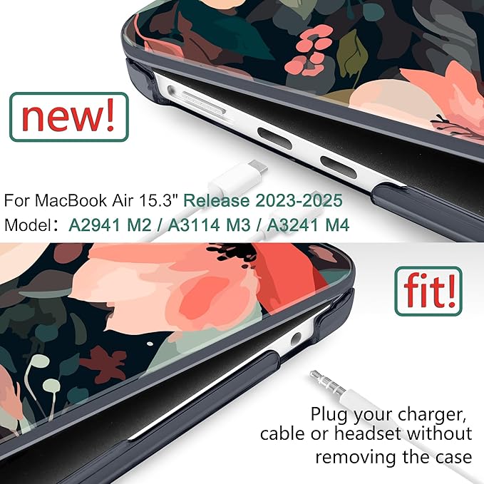 DONGKE Compatible with M4 MacBook Air 15 inch Case 2025 2024 2023 A3241 A3114 A2941 M3 M2 Liquid Retina Display Touch ID, Plastic Hard Case & Keyboard Skin & Screen Protector - Painted Florals