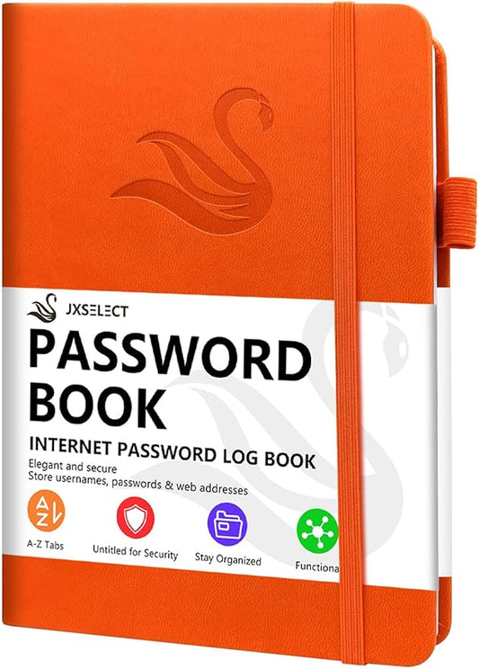 Elegant Password Book with Alphabetical Tabs - Hardcover Password Book for Internet Website Address Login - 5.2" x 7.6" Password Keeper and Organizer w/Notes Section & Back Pocket (Orange)