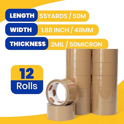 TAPEBEAR Brown Packing Tape 12Rolls, Heavy Duty Packaging Tape Refills 1.88 Inch x 55 Yard Moving Tape for Boxes, Secure Sticky Seal Brown Tape for Shipping, Mailing & Storage, Total 660Yards