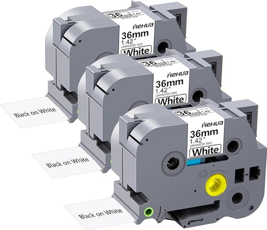 Hehua 36mm 1.4 inch Laminated White Tape Compatible for Brother P-Touch TZe-261 TZe261 TZ-261 TZ261 TZe TZ Label Tape for Ptouch PT 3600 530, 1.4'' x 26.2ft Black on White, 3 Pack