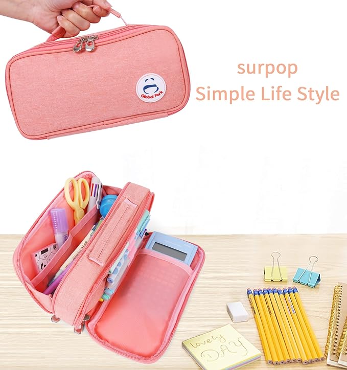 Pencil Case Pen Bag Holder Pouch Large Handle Big Capacity Desk Organizer Storage Marker Box Stationary Makeup Cosmetic Double Zippers for School Office Students Teen