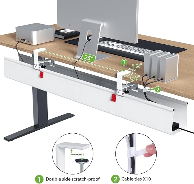KEEGH Extra Large 48" Under Desk Cable Management Tray - Under Desk Cord Management - Clamp/Screw Mount - Support Upto 70lbs - Fabric Wire Management - Cable Raceways Cord Hider for Office/Home, White