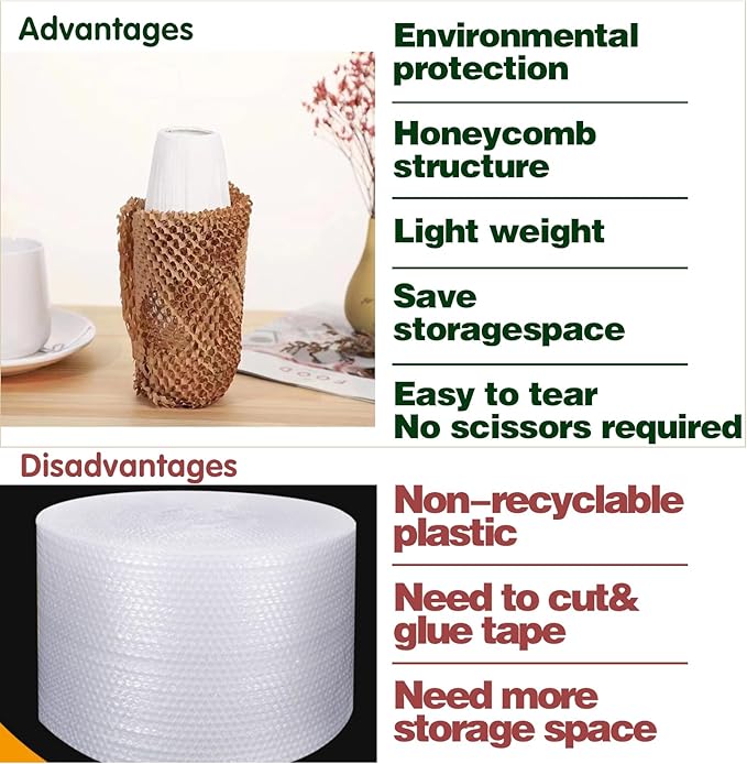 Honeycomb Packing Paper,12" W x 164' L with 24 Fragile Sticker Labels，Eco Friendly Recyclable Packing Paper，Bubble buffer film packaging substitute，for Moving,Products & Gifts Wrapping Paper（Brown）