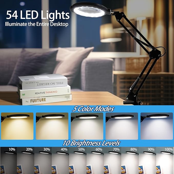 12X Large Magnifying Glass with Light and Floor Stand, 3-in-1 Swing Arm Floor Lamp Magnifier with 5 Color Modes 10 Dimmable Brightness, Hands Free Lighted Magnifying Glass with Clamp for Close Work