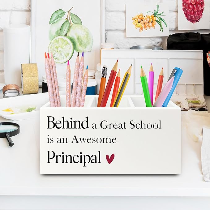 Principal Gifts Pen Pencil Holder Organizer for Desk, Gifts for Principals Women Men, Behind a Great School Is an Awesome Principal Wooden Box Sign for Office Workplace Desk Tabletop Decorations