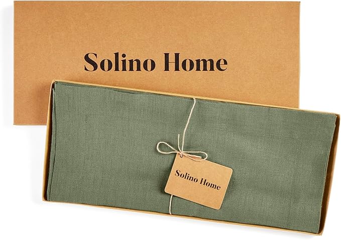 Solino Home Linen Oil Green Table Runner 120 Inches Long - 100% Pure Linen 14 x 120 Inch Table Runner for Fall, Autumn, Thanksgiving - Fete