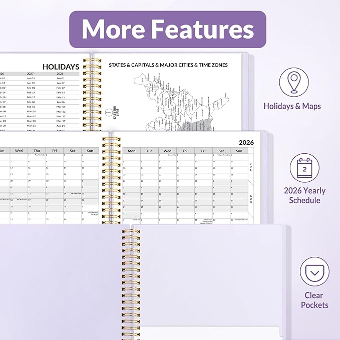 SUNEE 2026 Weekly and Monthly Planner - from January 2026 - December 2026, 8.5"x11" Daily Agenda Planner with Monthly Tab, Flexible Cover, Note Pages, Pockets, Bookmark, Spiral Binding, Purple