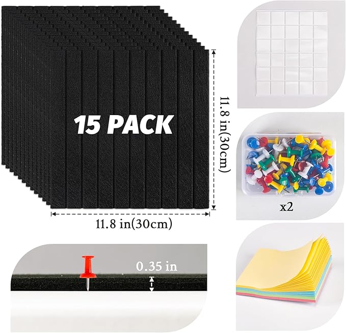 Large Cork Board Alternative, 15 Pack Felt Board with Safe Removable Adhesive Tabs Felt Wall Tiles, Large Cork Boards for Walls, Cork Board for Home Office, Pin Boards for Walls, Stripe Black