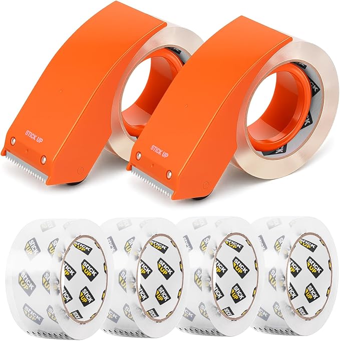 STICK UP 6 Rolls Packing Tape with 2 Dispensers, 390 Yds Total, 1.88 inch x 65 Yds Heavy Duty Shipping Tape, Strong Adhesive Clear Packaging Tape for Moving, Shipping and Mailing Supplies