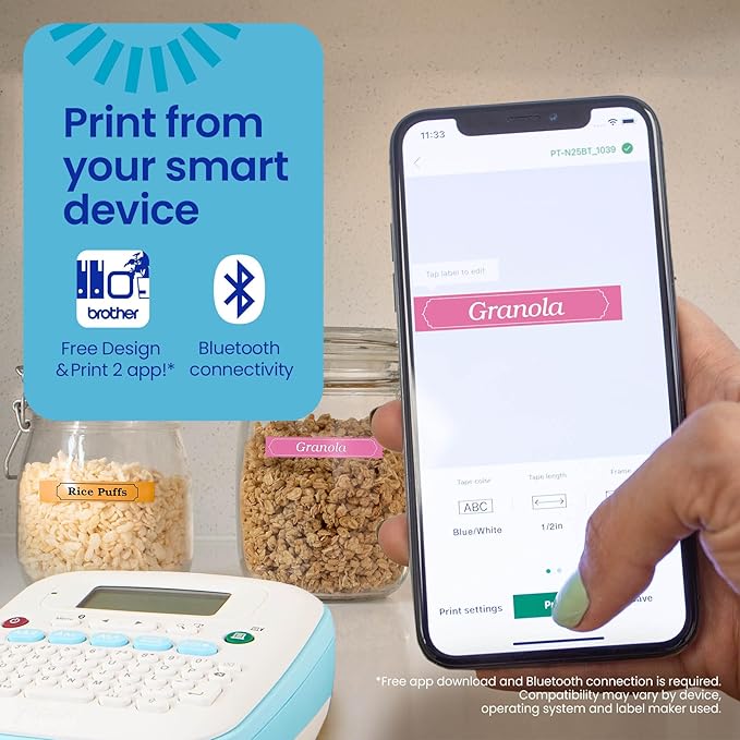Brother P-Touch PT-N25BT Personal Connected Label Maker, Bluetooth, Design&Print2 app, Portable, Handheld and Prints with P-Touch Btag½â€ (12mm) Wide Color Label Tapes