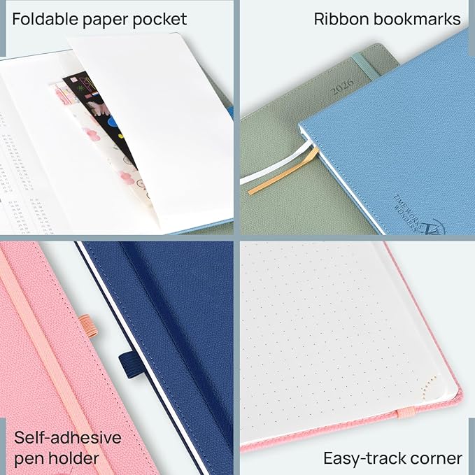 POPRUN 2026 Weekly & Monthly Planner Calendar,Pocket 4'' x 6.25'', Horizontal Layout with Lined Sections, Jan. 2026 - Dec. 2026, Leather Hardcover, 100GSM Paper, Inner Pocket - Soft Pink