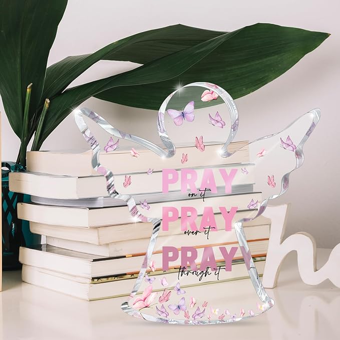 Pink Home Office Desk Accessories, Acrylic Memorial Gift, Dorm Room Decor for Women, Christian Gifts for Women, Remembrance Gifts, Pray Over It- Bible Verse Desk Art(Angel Style)