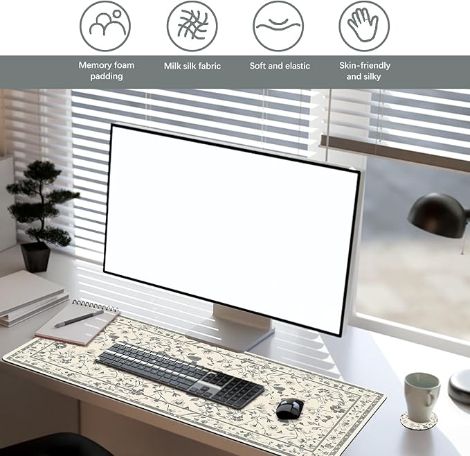 DINKY Desk Mat Mouse Pad, XXL Large Gaming Mouse Pad with Wrist Rest Wrist Support, Ergonomic Mouse Pads, Keyboard Wrist Rest, Desk Accessories Decor for Home Office, Apricot Art Leaf