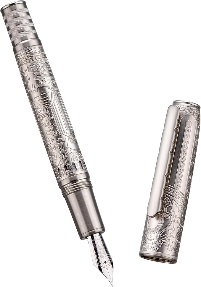 Hongdian 100 Silver Steel Piston Fountain Pen, Iridium Long Blade Fine Nib Calligraphy, Smooth Writing Pens, Nice Writing Pen for Men & Women