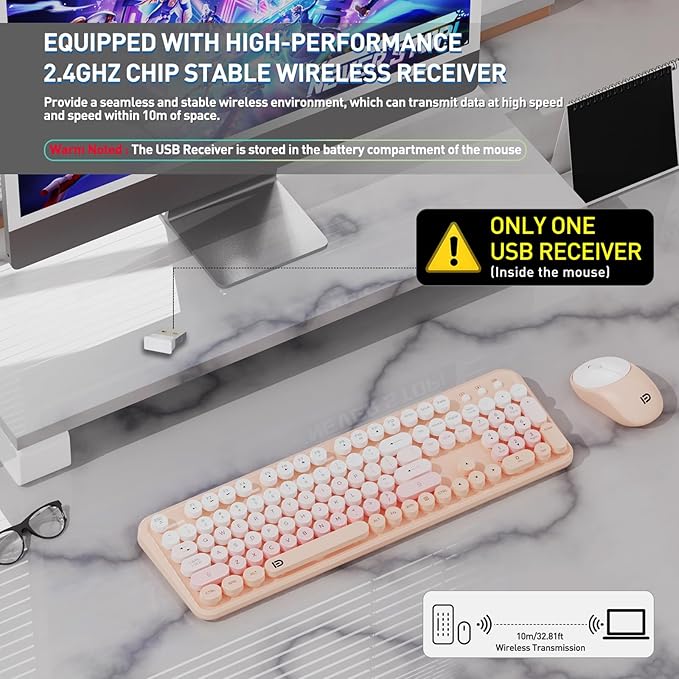 Wireless Keyboard and Mouse Combo, 2.4 GHz Full-Sized Wireless Keyboard Mouse with Round Keycaps for Windows, Computer, Desktop, PC, Laptop (GradientPink)