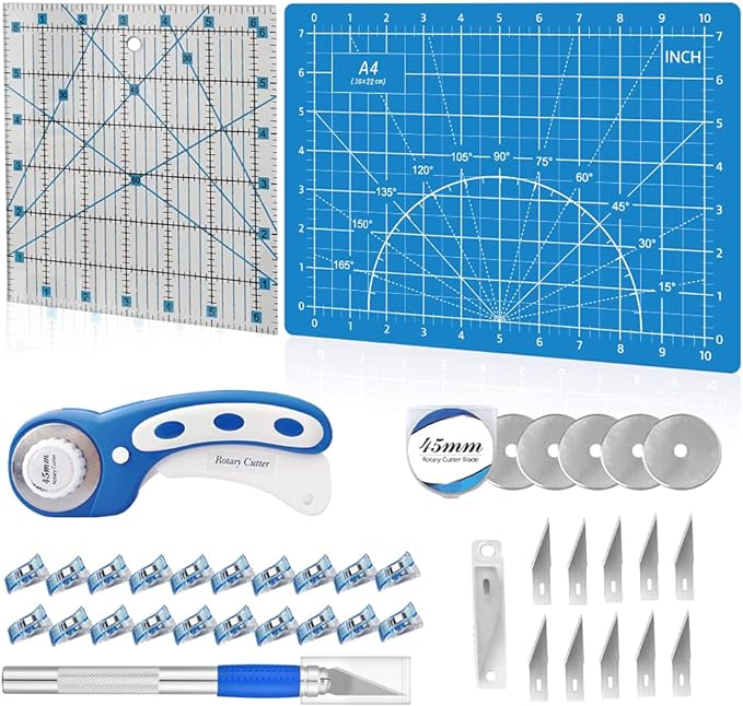 39 Pcs Rotary Cutter Set Blue - Quilting Kit incl. 45mm Fabric Cutter with 5 Extra Blades, A4 Cutting Mat, 2 Craft Knife Set, Quilting Ruler and Sewing Clips, Ideal for Crafting, Sewing, Patchworking