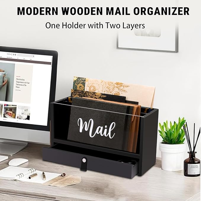 Two-Layer Solid Wooden Mail Storage Organizer Holder with Clear Acrylic Top and Bottom Drawer, Leather Handle, Keeping Mail, Bills, Letters, Cards and Office Supplies in One Place, Home Decor Gifts