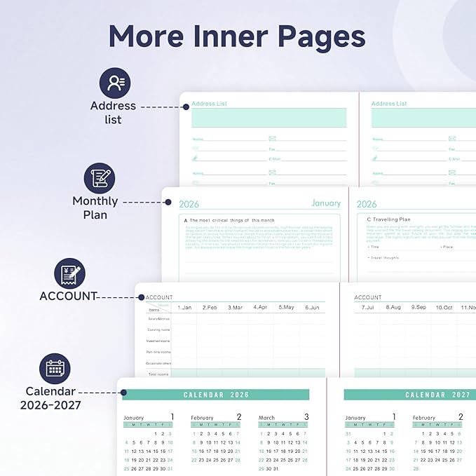 Picoway 2026 Planner A5 400 Pages - Weekly and Monthly Daily Calendar with Thick Paper, One Full Page Per Day Planners from Jan. 2026 - Dec. 2026, Hardcover Notebook ，8.3" x 5.7" (Dark Blue)