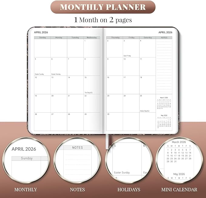 2026 Planner, 12 Month Weekly and Monthly Calendar 2026, Hardcover Daily Agenda Planners from Jan. to Dec, Habit Tracker Journal with Ribbon Bookmark 5.75" x 8.4"(Gold Flower)