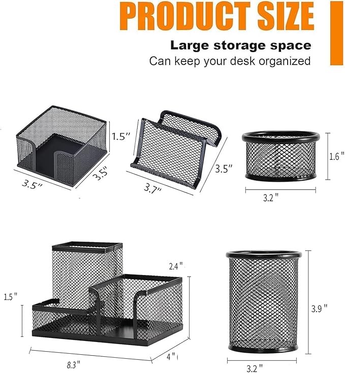 Desk Organizers and Accessories Set, Mesh Pen Holder,Office School Home Desktop Supplies for Clip Phone Sticky Notes,Mail, Caddy Storage Baskets(Black,5 Piece Set)