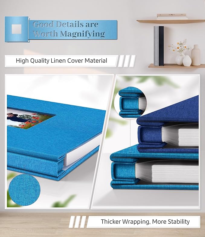 Photo Album Self Adhesive Scrapbook Album for 3x5 4x6 5x7 8x10 Pictures,60 Pages Linen Cover with Display Window DIY Photo Book,Ideal Gifts for Family Travel Wedding Baby