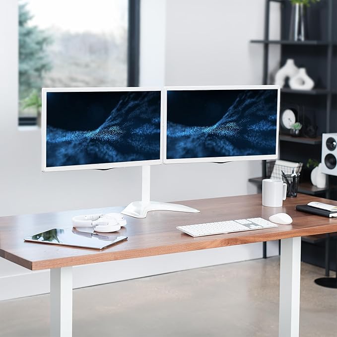 VIVO Dual LED LCD Monitor Mount, Free-Standing Desk Stand for 2 Screens up to 27 Inch, Fully Adjustable Arms with Max VESA 100x100mm, Extra Large Base, White, STAND-V002FW