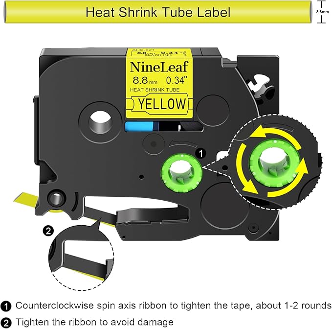 NineLeaf 2 Roll Black on Yellow Heat Shrink Tubes Label Tape Compatible for Brother HSe-621 HSe621 HS621 HS-621 for P-Touch PT1180 PTD200 PT1090 Label Maker - 8.8mm (0.34inch) x 1.5m (4.92ft)