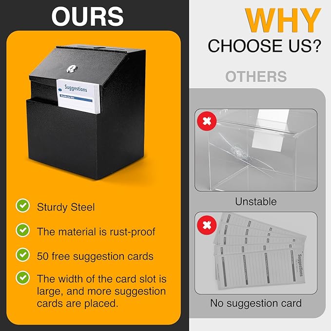 Suggestion Box with Slot and Lock 2 Pcs Metal 8.4 x 5.8 x 7.0 inch Built-In Storage Compartment 100 Suggestion Card Tip Jar Ballot Voting Prayer Comment Mailbox Booth Classroom Restaurant