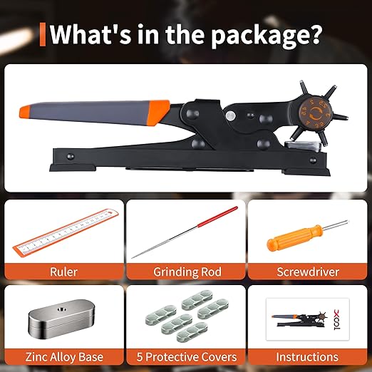 XOOL Revolving Punch Plier Kit, Leather Hole Punch Set for Belts, Watch Bands, Straps, Dog Collars, Saddles, Shoes, Fabric, DIY Home or Craft Projects, Heavy Duty Rotary Puncher, Multi Hole Sizes Make