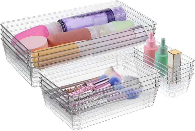 12 Pcs Clear Plastic Drawer Organizer, 12"x 6"x2", 9"x6"x2", 6"x3"x2", Kitchen Bathroom Fridge Utensil Vanity Drawer Organizers Tray Makeup Storage Organizer Drawers Trays for Organization Office
