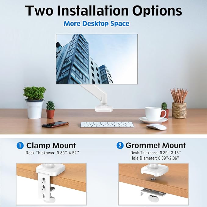 MOUNTUP Single Monitor Desk Mount, Adjustable Gas Spring Monitor Arm Support Max 32 Inch Screen, Computer Monitors Stand with Clamp/Grommet Mounting Base, VESA Mounts Fit 4.4-17.6lbs Computer, White