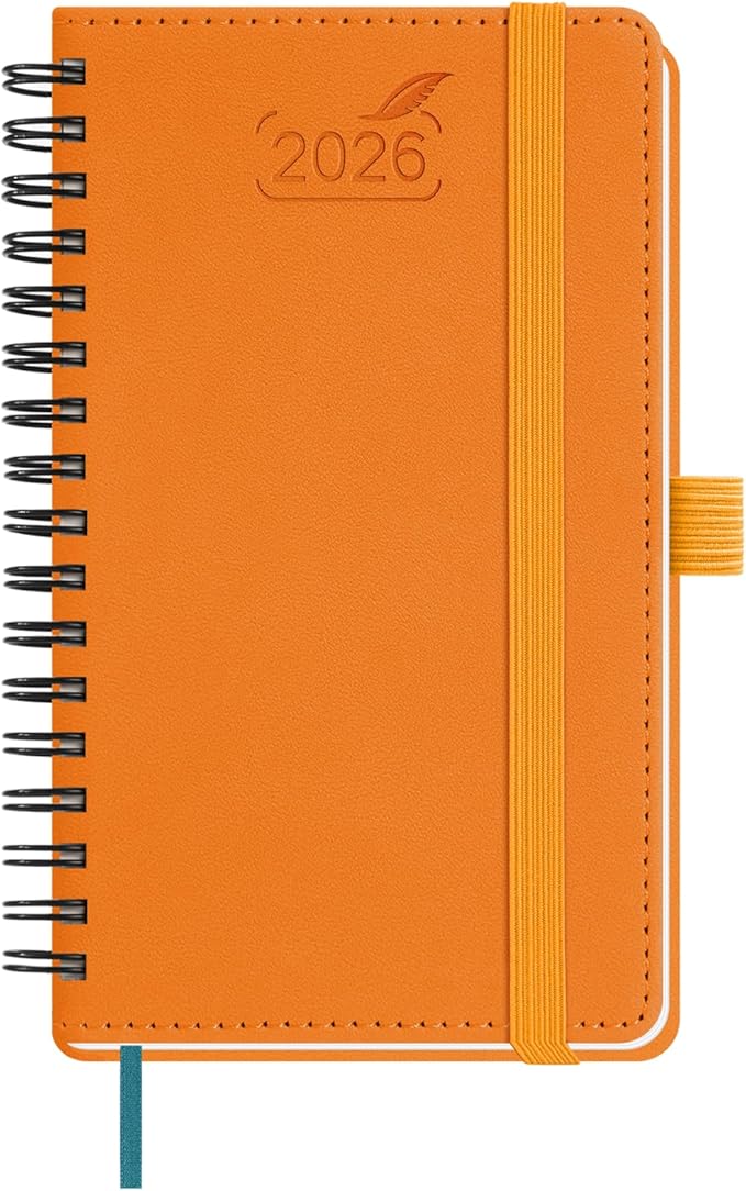 BEZEND Pocket Calendar 2026 Weekly and Monthly (3.5" x 6" Spiral) Small Daily Planner for Purse (Jan-Dec) with Notes & Expenses, Inner Pocket, Pen Holder, Vegan Leather Softcover - Orange