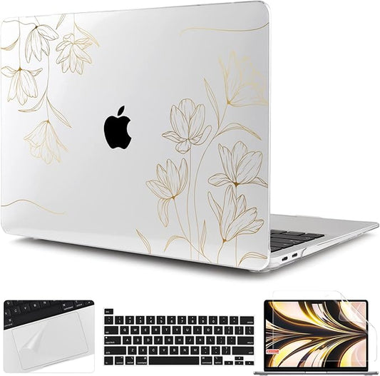 TWOLSKOO Compatible with MacBook Pro 13 inch Case 2022 2021 2020-2016 A2338 M2/M1 A2251 A2289 A2159 A1989 A1706, Plastic Hard Shell Cover & Keyboard Skin & Screen Protector, Gold Florals